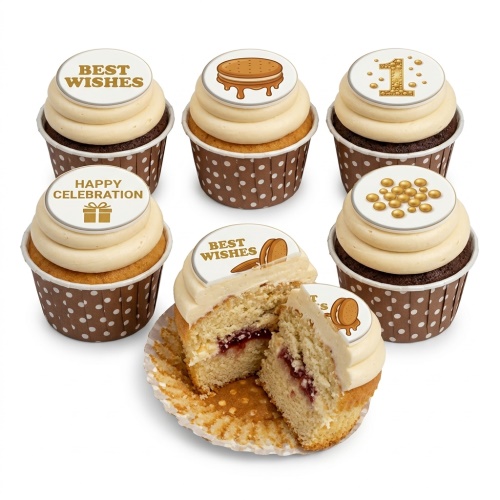 Six cupcakes with cream frosting, gold-themed edible toppers: 'Best Wishes', 'Happy Celebration', custom age, gold pearls, biscuit designs.