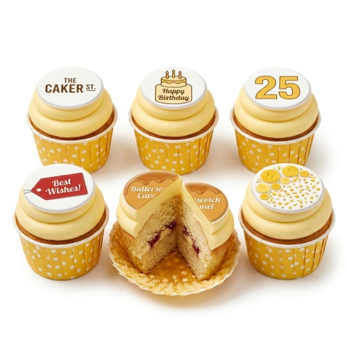 Yellow and white birthday cupcakes with custom age topper, 'Happy Birthday' message, and rosette decorations.