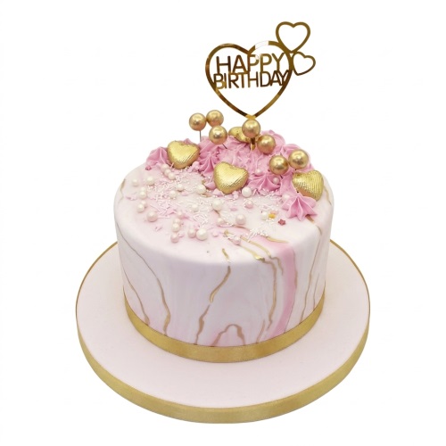 Elegant single-tier pink and gold marble cake with heart decorations and 'Happy Birthday' topper.
