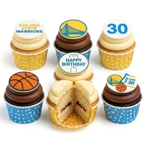 Golden State Warriors basketball themed cupcakes with team logo, bridge, basketball, and custom age toppers.
