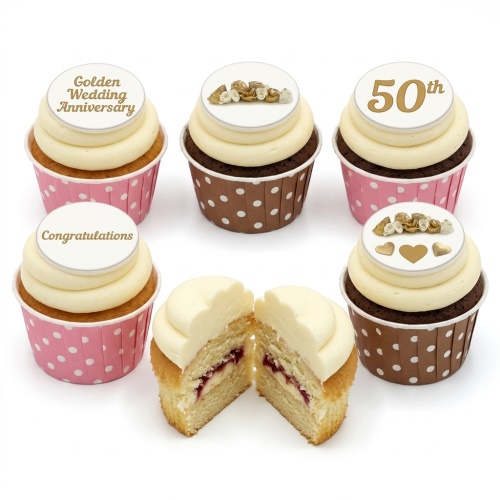 Golden Wedding Anniversary cupcakes with gold decorations and "50th" topper.