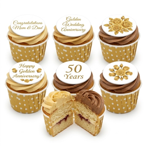 Golden Wedding Anniversary cupcakes with gold rose toppers and "50 Years" message