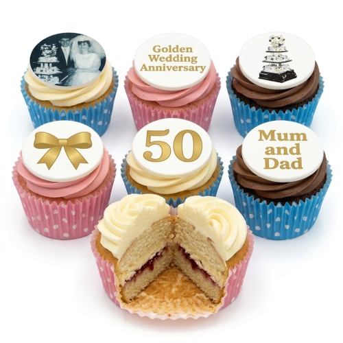 Golden Wedding Anniversary cupcakes with gold '50' and 'Golden Wedding Anniversary' toppers, a photo of a couple, a wedding cake illustration, and a gold bow.