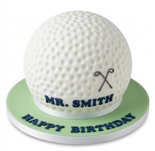 Spherical white golf ball birthday cake with crossed golf clubs and a personalised message on a green base.