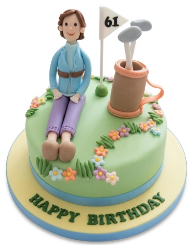Round green golf theme birthday cake with female golfer figurine, golf bag, clubs, and custom age flag.