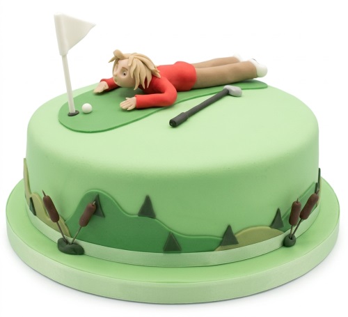 Round green golf theme birthday cake with edible golfer, flag, golf ball, and club.