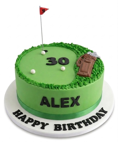 Round green golf course birthday cake with flag, golf balls, golf bag, custom age, and personalised name.