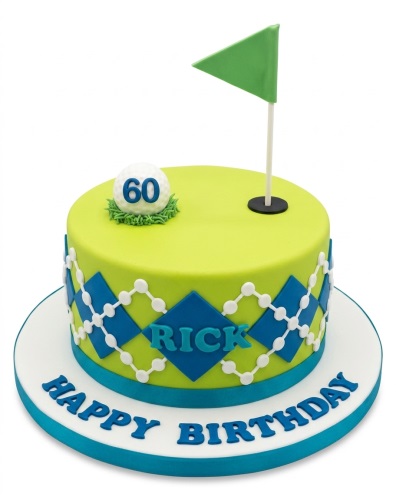 Round lime green and blue golf theme birthday cake with a golf ball, flag, and argyle pattern.