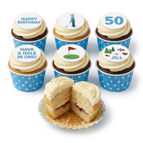 Six golf themed cupcakes with white frosting, blue polka dot cases, and edible toppers.