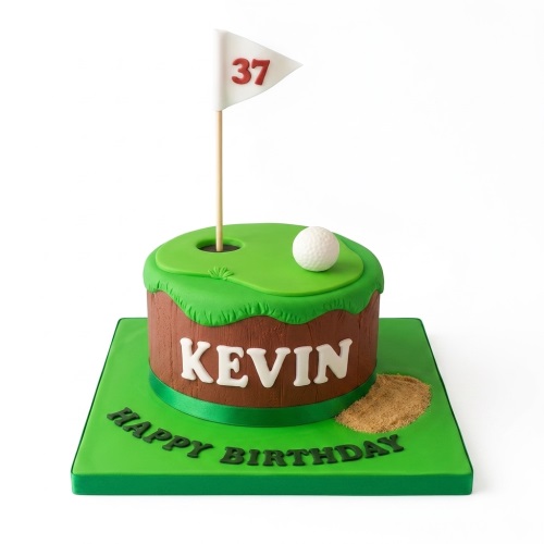Round golf theme birthday cake with green putting green, golf ball, flag with custom age, and personalised name.