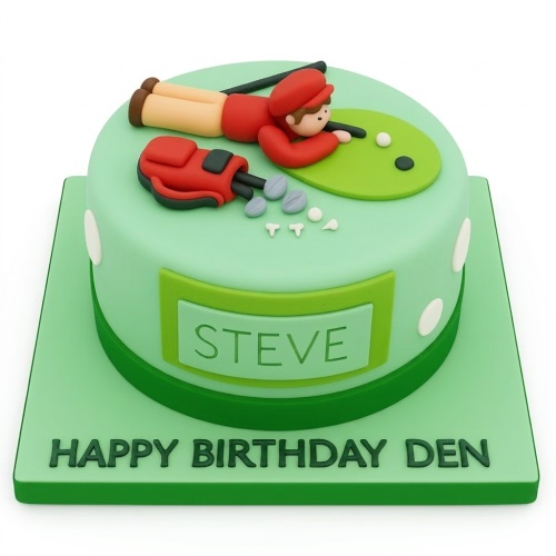 Round green golf theme birthday cake with fondant golfer, golf bag, and putting green. Features custom name panel and message on board.