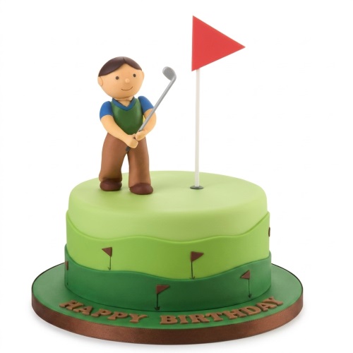 Round two-tiered golf theme birthday cake with a golfer figure, red flag, and green course design.