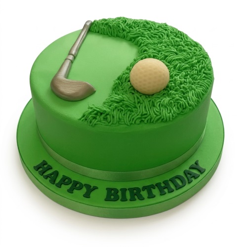 Round green golf theme birthday cake with edible golf club, golf ball, and grass icing.