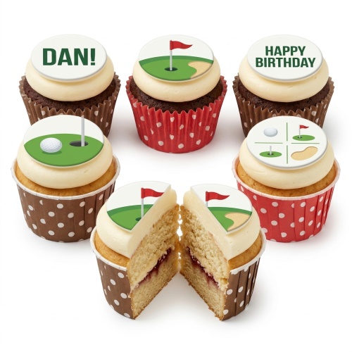 A selection of golf theme cupcakes with edible toppers featuring golf balls, flags, and sand traps, some with a 'Happy Birthday' message.
