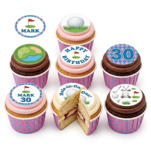 Assortment of golf theme birthday cupcakes with edible toppers, including golf balls, clubs, and custom age.