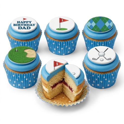 Set of golf themed birthday cupcakes with blue frosting and edible toppers featuring golf flags, clubs, and a bunker.