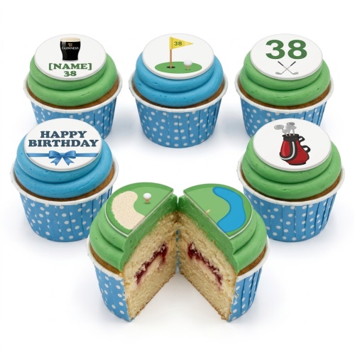 Golf themed birthday cupcakes with green and blue icing, featuring golf course, clubs, and custom age toppers.