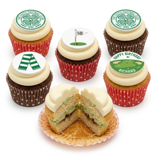 Assortment of sports theme birthday cupcakes with Celtic FC, football scarf, golf flag, and personalised message.