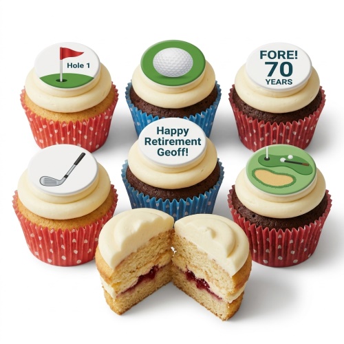 Set of golf theme cupcakes with various edible toppers including golf ball, club, flag, and course.