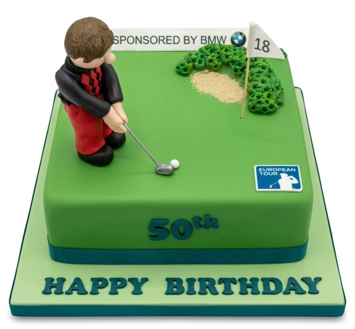 Green square golf course themed birthday cake with a golfer figurine, sand trap, bushes, flag, and 'European Tour' logo.