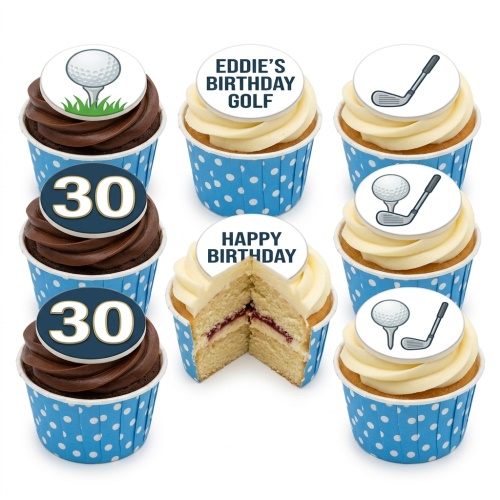 Assortment of golf themed birthday cupcakes with golf ball, club, and custom age toppers.