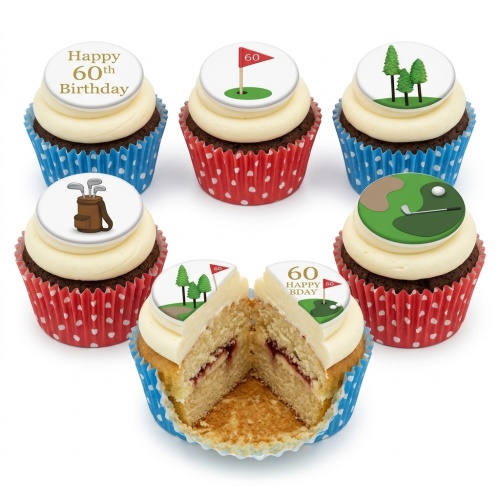 Six golf-themed cupcakes with white frosting, red and blue wrappers, and edible toppers showing golf flags, clubs, trees, and a golf course.