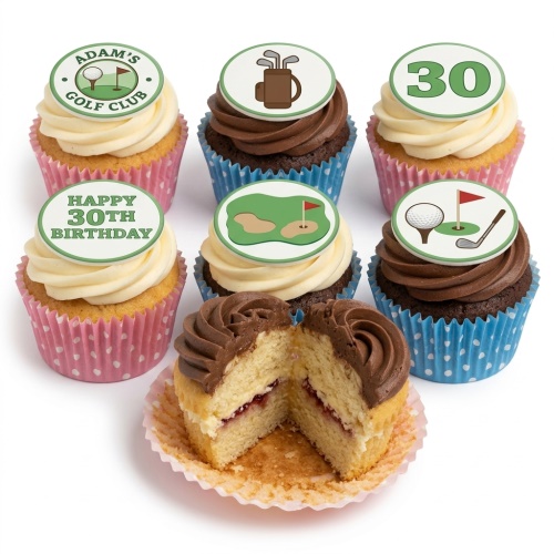 A selection of golf themed cupcakes with various edible toppers including golf clubs, golf course, and a custom age number, in pink and blue cases.