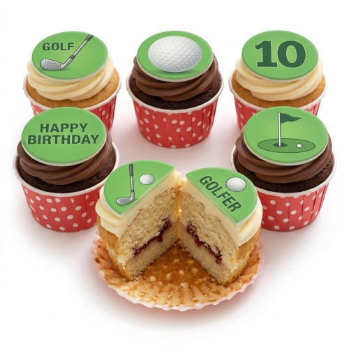 Golf themed birthday cupcakes with green edible toppers, including golf clubs, golf balls, a putting green, and "Happy Birthday" message.