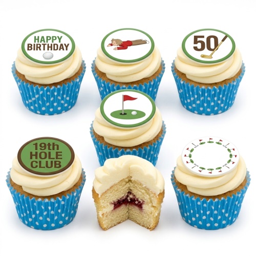 Vanilla cupcakes with white buttercream and green golf-themed edible toppers, including a custom age and 'Happy Birthday' message, in blue polka dot wrappers.