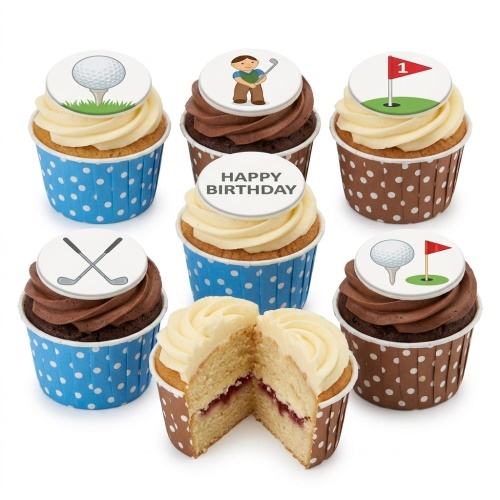 Assorted golf-themed birthday cupcakes with edible toppers including golf balls, clubs, a golfer, and a 'Happy Birthday' message.