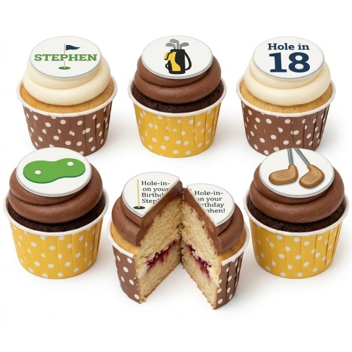 Six golf themed birthday cupcakes with white and chocolate frosting, featuring various golf toppers.