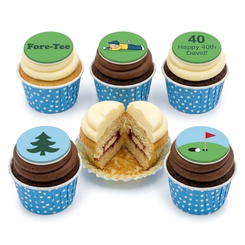 Golf theme birthday cupcakes with edible toppers, including a golfer, "Fore-Tee", golf hole, and custom age example.