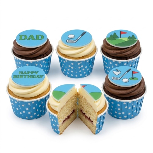 Six golf theme cupcakes with chocolate and vanilla frosting, blue polka dot cases, and edible golf toppers.