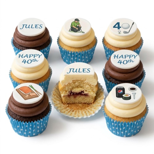 Assortment of golf theme birthday cupcakes with custom age and name toppers.