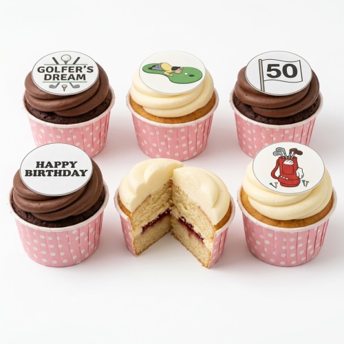 Golf-themed cupcakes with chocolate and vanilla frosting. Toppers feature golf designs, 'Golfer's Dream', 'Happy Birthday', and a custom age flag.
