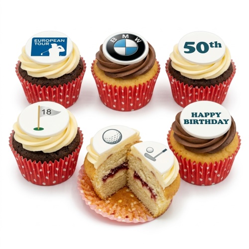 Six golf-themed birthday cupcakes with white and chocolate frosting, featuring edible toppers with golf ball, golf club, golf flag, European Tour logo, BMW logo, custom age, and Happy Birthday messages.