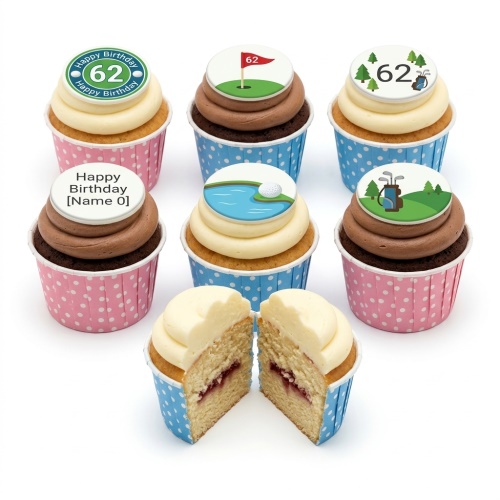 Assortment of golf themed birthday cupcakes with custom age and personalised message toppers.