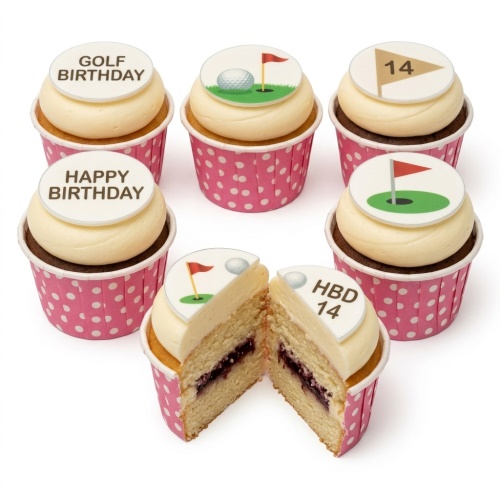 Six golf-themed birthday cupcakes with edible toppers, featuring golf balls, flags, and a custom age number.