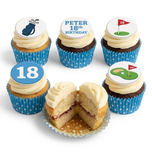 Golf themed birthday cupcakes with golf bag, putting green, and custom age toppers.