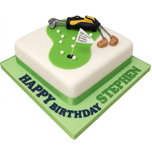 Square white and green golf theme birthday cake with edible putting green, golf bag, clubs, and shoes, with a custom message.