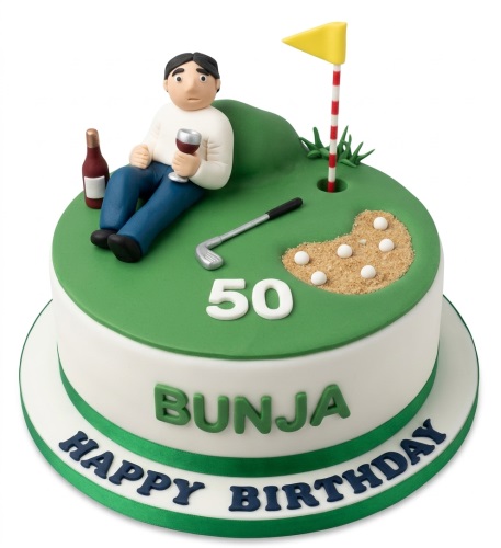 Round single-tier golf theme birthday cake with a male figure, golf course decorations, custom age, and personalised message.