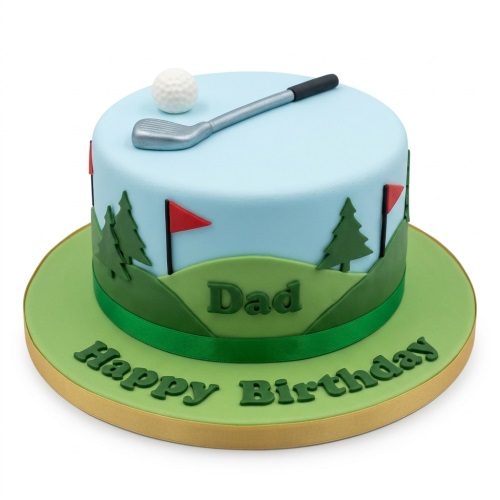 Round single-tier golf theme birthday cake with edible golf ball, club, flags, trees, and green hills.
