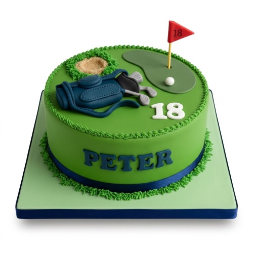 Round green golf theme birthday cake with golf bag, clubs, ball, flag, and custom age.