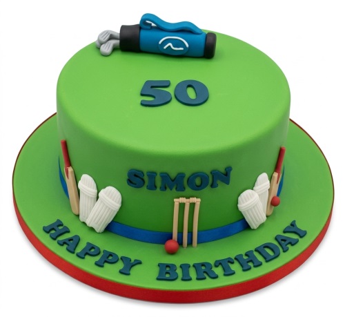 Green sports theme birthday cake with cricket and golf decorations, custom age and name.