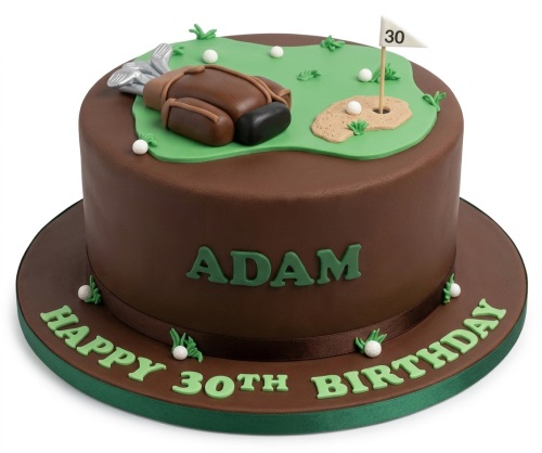 Brown fondant golf theme birthday cake with edible golf course, bag, clubs, and custom age topper.