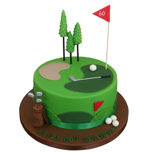 Round green golf theme birthday cake with golf course scene, clubs, balls, and custom age flag.