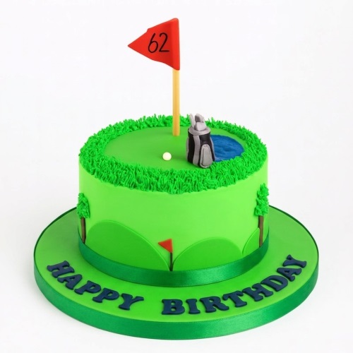 Round green golf course birthday cake with a red flag, golf ball, and golf bag.
