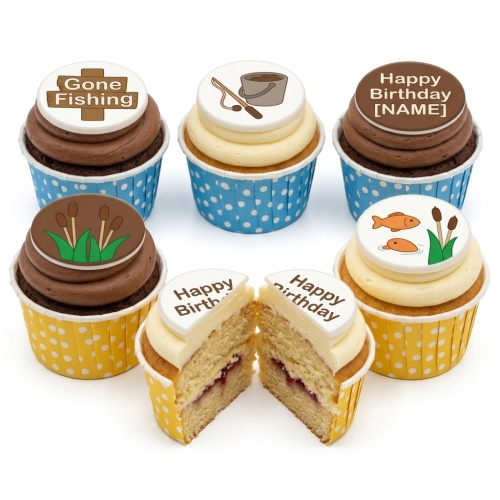 Set of fishing-themed birthday cupcakes with 'Gone Fishing' and personalised name toppers.