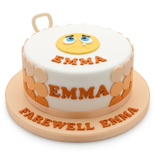 White round cake with a crying emoji, orange circles, and a personalised farewell message on the board.