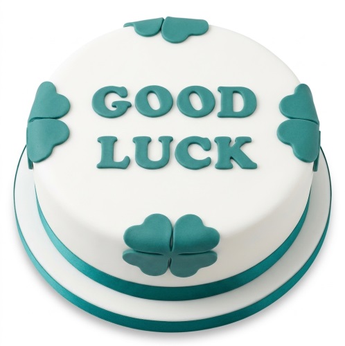 White good luck cake with teal 'GOOD LUCK' message and four-leaf clovers.